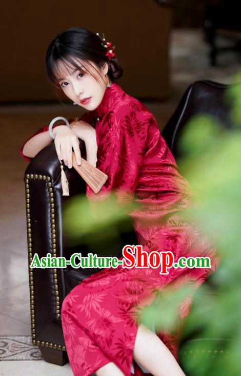 China Red Silk Cheongsam Traditional Stand Collar Qipao Dress Classical Wedding Clothing