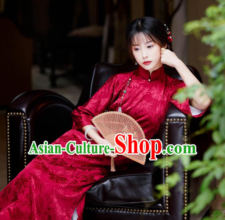 China Red Silk Cheongsam Traditional Stand Collar Qipao Dress Classical Wedding Clothing