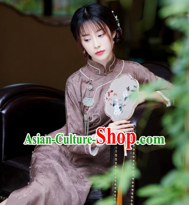 Republic of China Traditional Stand Collar Qipao Dress Classical Clothing Brown Silk Cheongsam