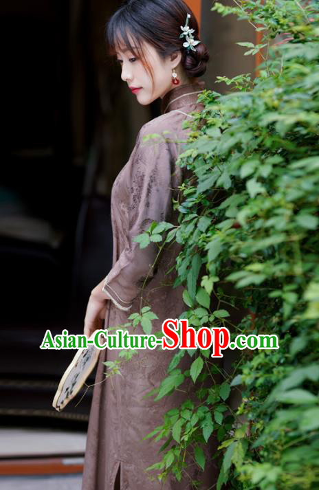 Republic of China Traditional Stand Collar Qipao Dress Classical Clothing Brown Silk Cheongsam