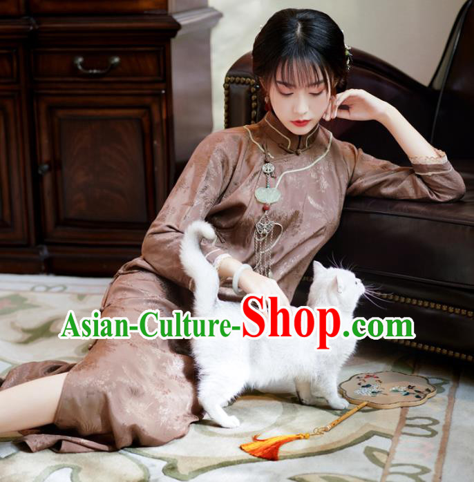 Republic of China Traditional Stand Collar Qipao Dress Classical Clothing Brown Silk Cheongsam