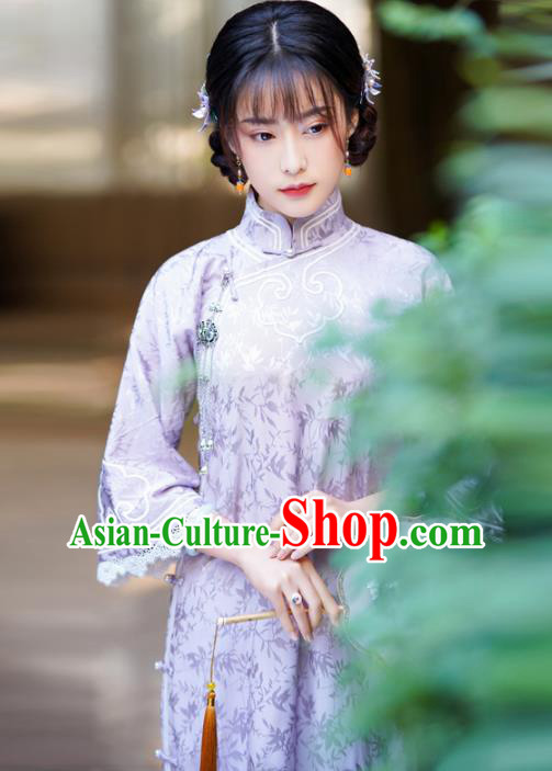 Republic of China Classical Clothing Rich Lady Cheongsam Traditional Purple Silk Qipao Dress