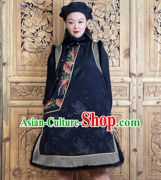 Chinese Cotton Wadded Waistcoat Traditional Tang Suit Clothing Woman Embroidered Black Silk Long Vest