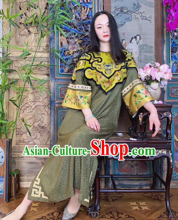 China Hand Embroidered Olive Green Silk Qipao Dress National Cheongsam Costume