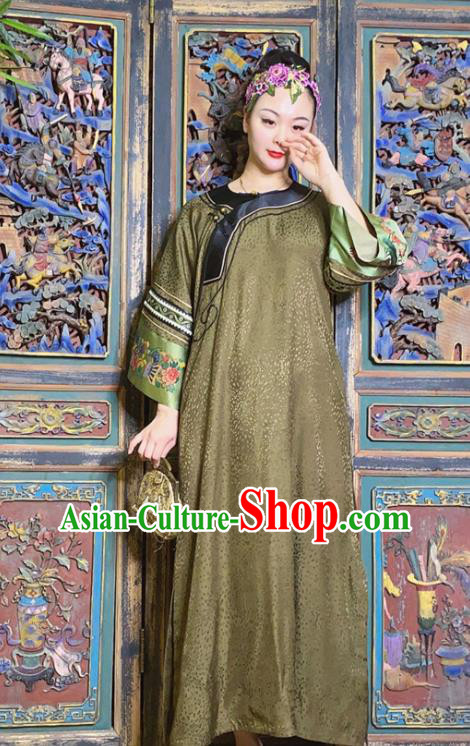 China Loose Cheongsam Hand Embroidered Olive Green Silk Qipao Dress National Women Costume