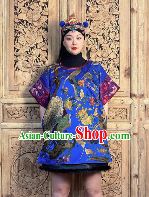 China Traditional Embroidered Flowers Bird Royalblue Silk Dress National Ethnic Clothing