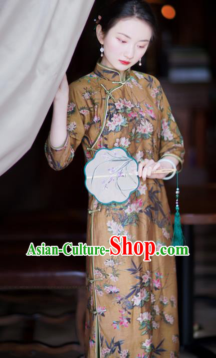 Republic of China Traditional Printing Flowers Deep Brown Qipao Dress Classical Young Beauty Cheongsam