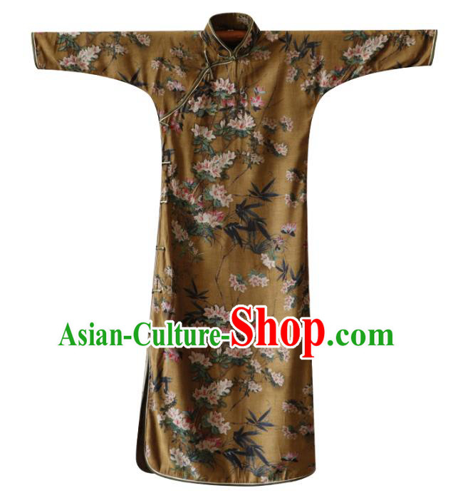 Republic of China Traditional Printing Flowers Deep Brown Qipao Dress Classical Young Beauty Cheongsam