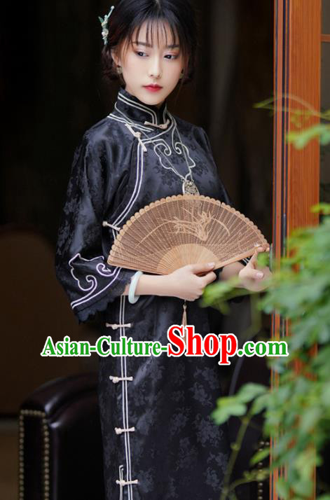 Republic of China Traditional Black Silk Qipao Dress Classical Clothing Rich Lady Cheongsam