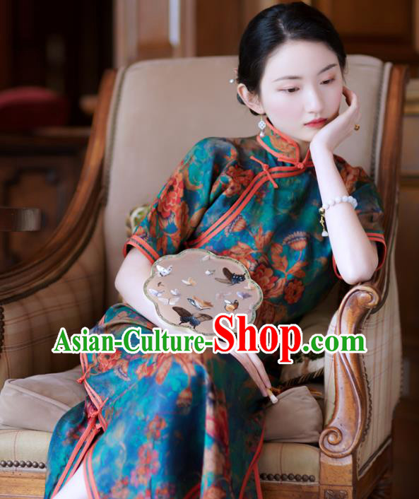 Republic of China Young Mistress Cheongsam Traditional Printing Blue Qipao Dress Clothing