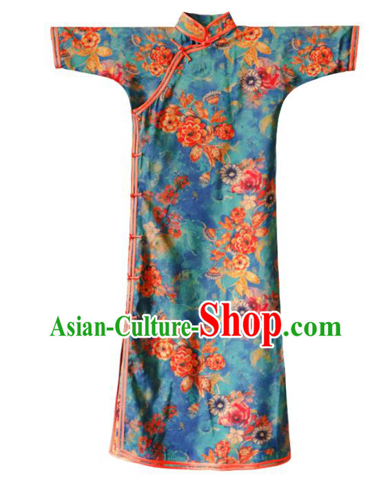 Republic of China Young Mistress Cheongsam Traditional Printing Blue Qipao Dress Clothing