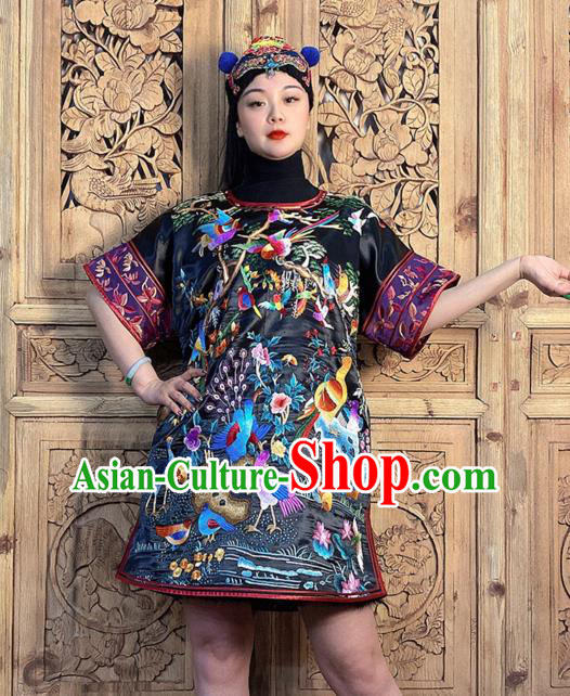 China National Ethnic Girl Costume Hand Embroidered Black Silk Short Dress