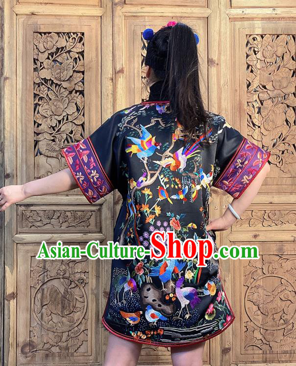 China National Ethnic Girl Costume Hand Embroidered Black Silk Short Dress