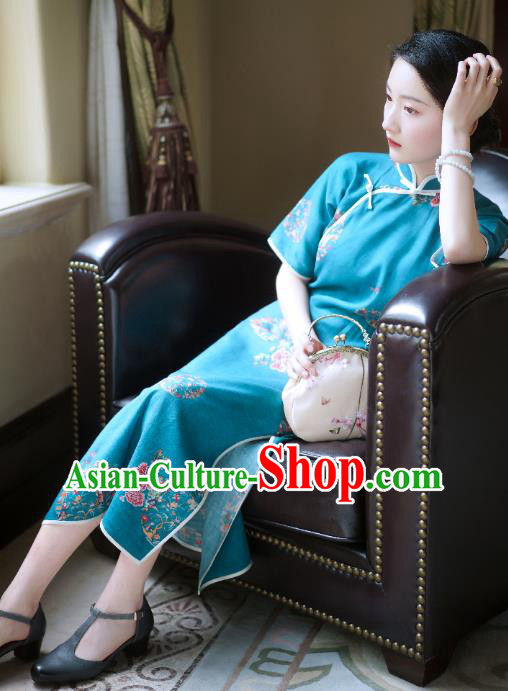 China Classical Stand Collar Cheongsam Clothing Traditional Printing Flowers Blue Flax Qipao Dress