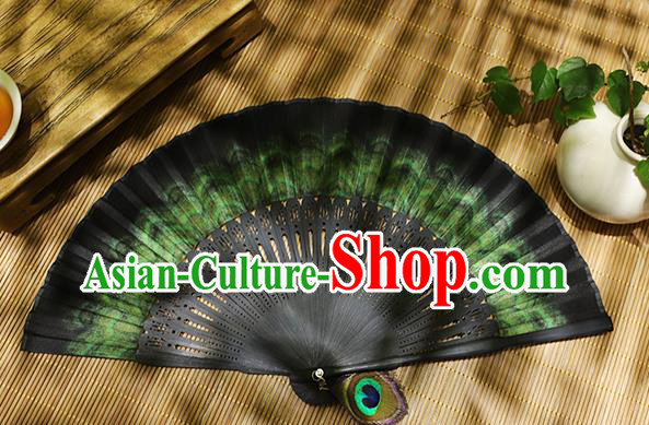 Chinese Handmade Folding Fan Classical Peacock Feather Pattern Fan Silk Accordion