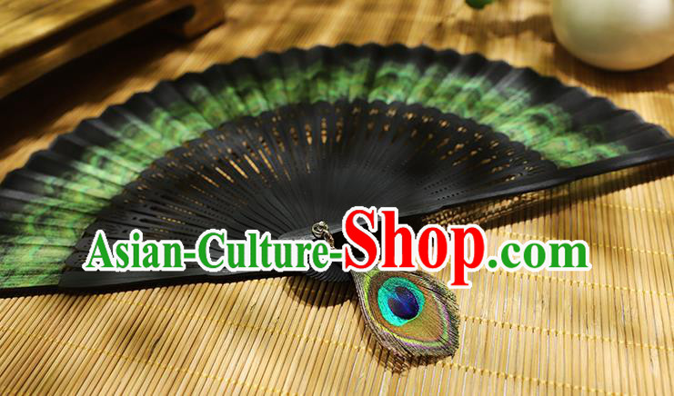 Chinese Handmade Folding Fan Classical Peacock Feather Pattern Fan Silk Accordion