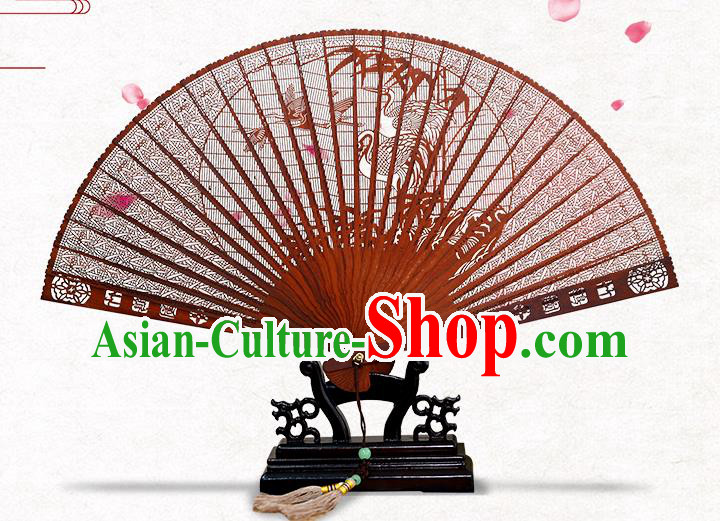 Chinese Rosewood Carving Crane Fan Handmade Hollow Folding Fan Classical Accordion