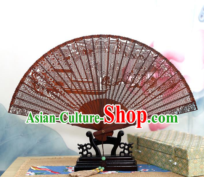 Chinese Handmade Hollow Folding Fan Classical Accordion Rosewood Carving Fan