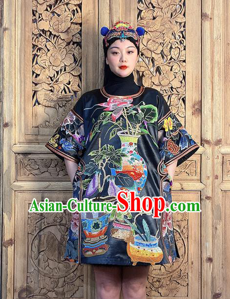 China National Embroidered Costume Hand Embroidered Peony Flowers Black Silk Dress