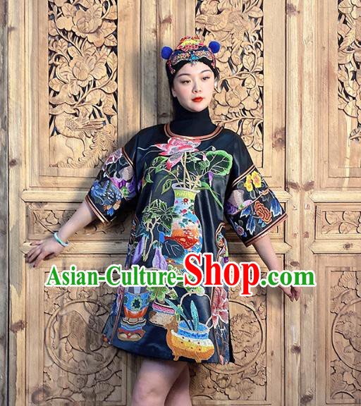 China National Embroidered Costume Hand Embroidered Peony Flowers Black Silk Dress