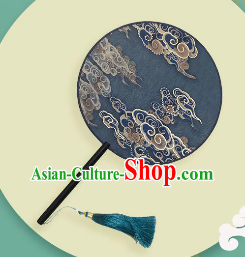 China Handmade Circular Fan Printing Clouds Fan Classical Navy Silk Fan