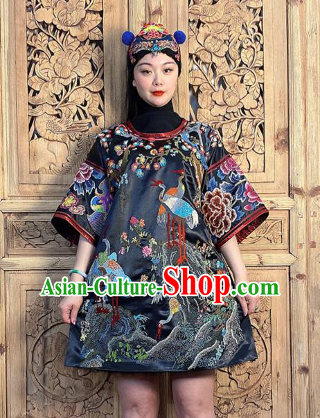 China Hand Embroidery Crane Peony Black Silk Dress National Ethnic Embroidered Costume