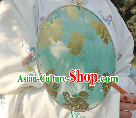 China Classical Dance Circular Fan Handmade Printing Peony Green Silk Fan Traditional Hanfu Fan