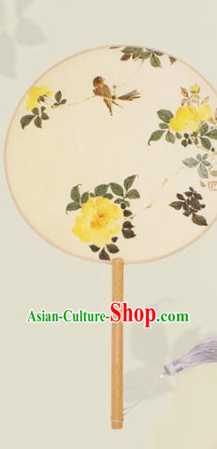 China Classical Circular Fan Handmade Printing Peony Bird Beige Silk Fan Traditional Palace Fan