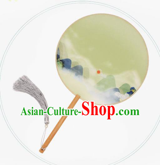 China Traditional Palace Fan Classical Circular Fan Handmade Printing Landscape Green Silk Fan