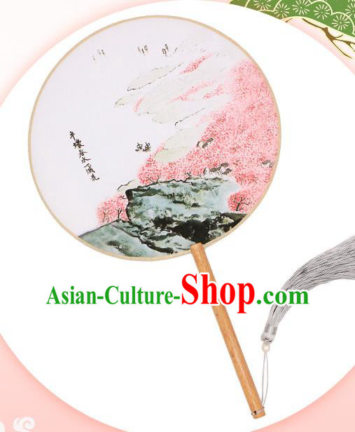 China Handmade Printing Peach Blossom Silk Fan Traditional Palace Fan Classical Circular Fan
