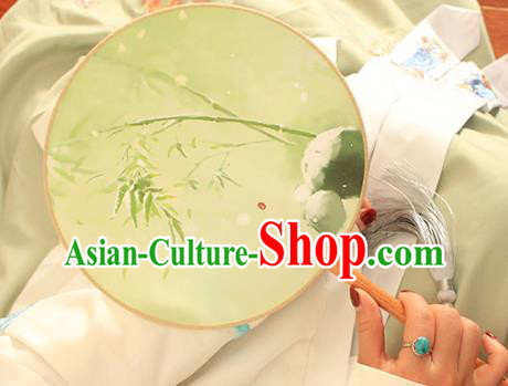 China Handmade Light Green Silk Circular Fan Traditional Printing Bamboo Palace Fan Classical Dance Fan