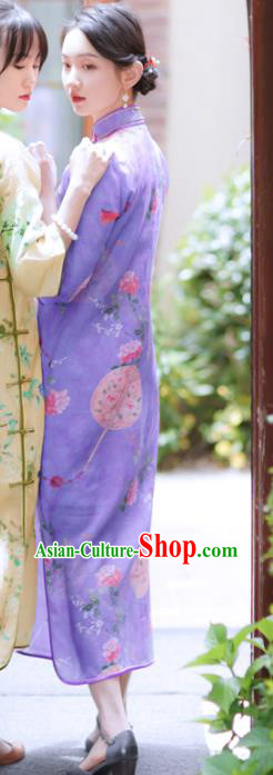 Republic of China Classical Printing Flowers Cheongsam Traditional Young Lady Violet Qipao Dress