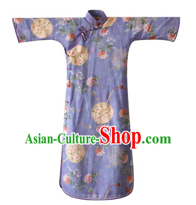 Republic of China Classical Printing Flowers Cheongsam Traditional Young Lady Violet Qipao Dress