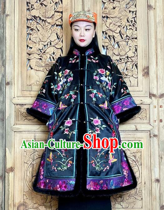 Chinese Traditional Tang Suit Black Silk Clothing Woman Embroidered Peony Butterfly Cotton Wadded Coat