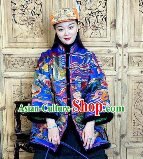 Chinese Woman Embroidered Phoenix Cotton Wadded Coat Traditional Tang Suit Blue Silk Clothing