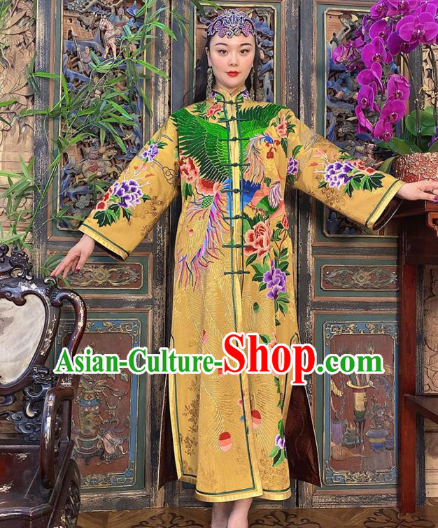 Chinese Traditional Embroidered Long Gown Clothing Embroidered Peacock Peony Yellow Silk Dust Coat
