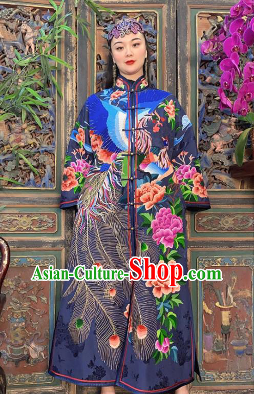 Chinese Embroidered Peacock Peony Navy Silk Dust Coat Traditional Embroidered Long Gown Clothing