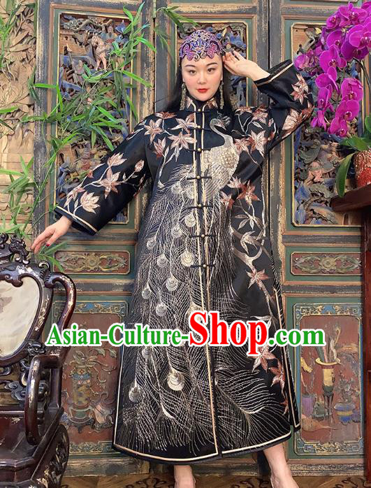 Chinese Traditional Embroidered Black Silk Long Gown Clothing Embroidered Peacock Dust Coat