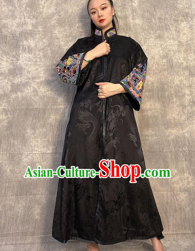 Chinese Traditional Women Clothing Long Gown Outer Garment Embroidered Black Silk Coat
