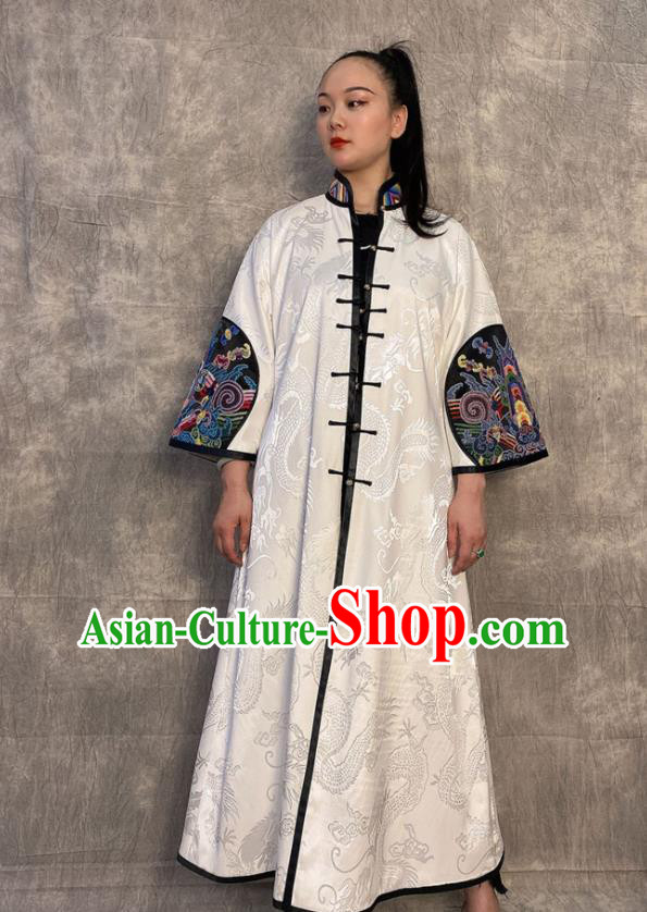 Chinese Outer Garment Long Gown Embroidered White Silk Coat Traditional Women Clothing