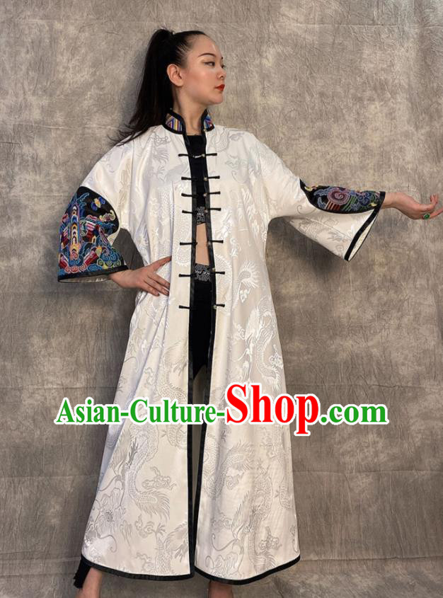 Chinese Outer Garment Long Gown Embroidered White Silk Coat Traditional Women Clothing