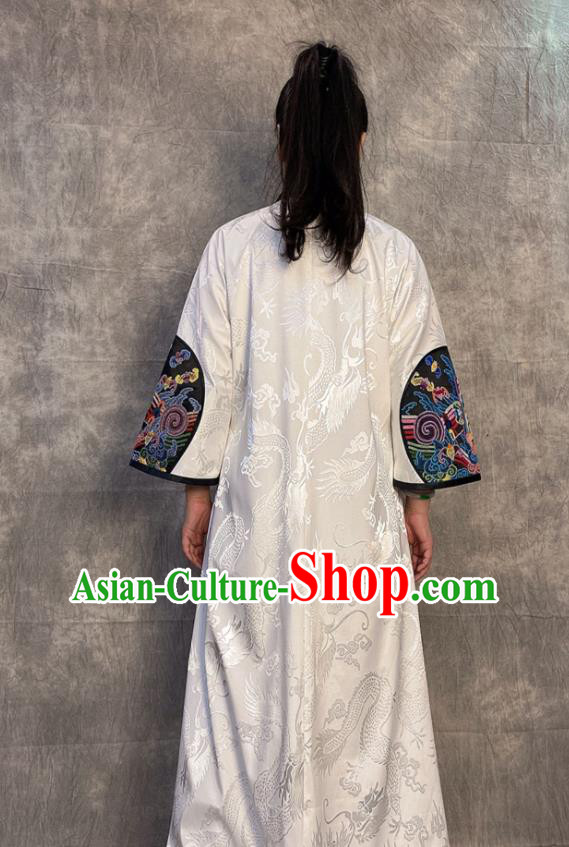 Chinese Outer Garment Long Gown Embroidered White Silk Coat Traditional Women Clothing