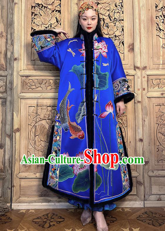 Chinese Embroidered Lotus Royalblue Silk Dust Coat Traditional Women Clothing Winter Outer Garment