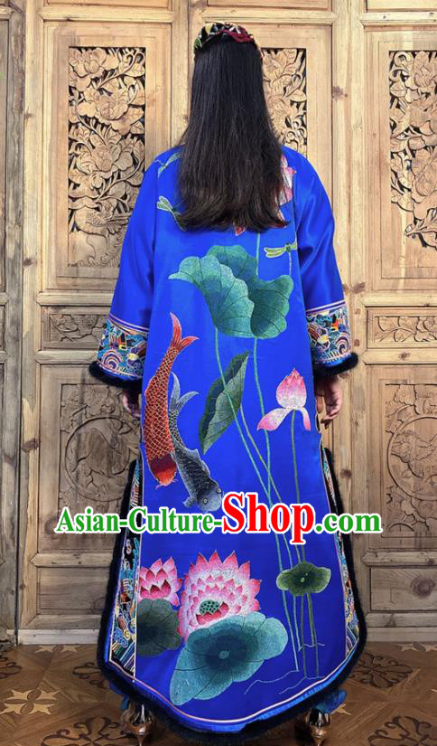 Chinese Embroidered Lotus Royalblue Silk Dust Coat Traditional Women Clothing Winter Outer Garment