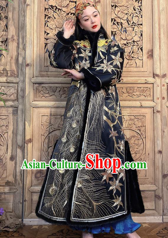 Chinese Traditional National Clothing Women Winter Outer Garment Embroidered Peacock Black Silk Dust Coat