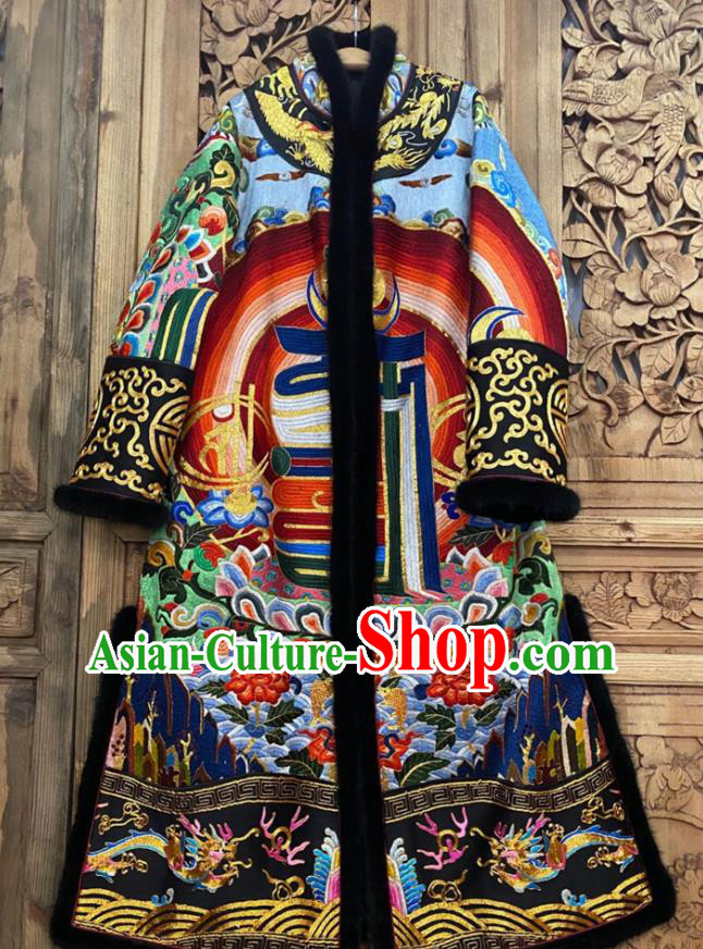 Chinese Traditional National Women Clothing Embroidered Dust Coat Winter Blue Silk Outer Garment