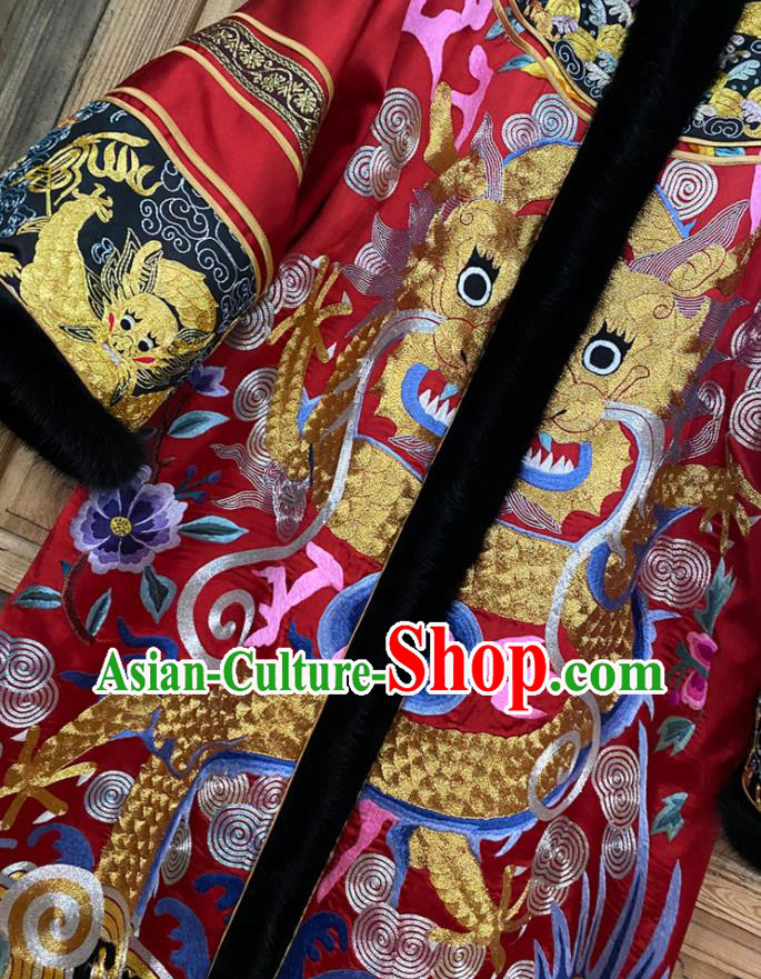Chinese Embroidered Dragon Dust Coat Winter Red Silk Outer Garment Traditional National Women Clothing