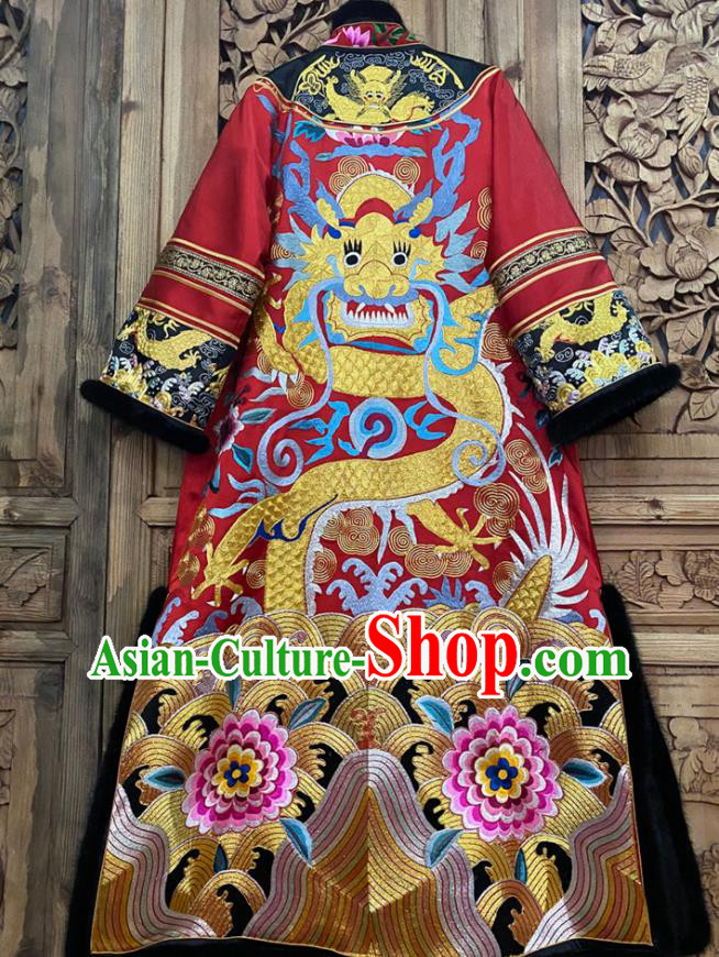 Chinese Embroidered Dragon Dust Coat Winter Red Silk Outer Garment Traditional National Women Clothing