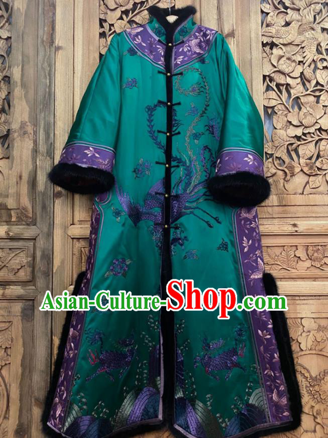 Chinese Winter Green Silk Outer Garment Traditional National Women Clothing Embroidered Phoenix Dust Coat
