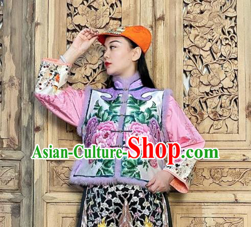 Chinese Winter Violet Silk Waistcoat Traditional National Women Clothing Embroidered Peony Vest